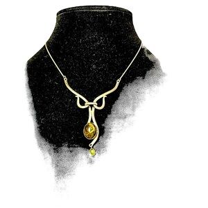 Amber & Green Tourmaline Signed 925 Silver Ribon Necklace
